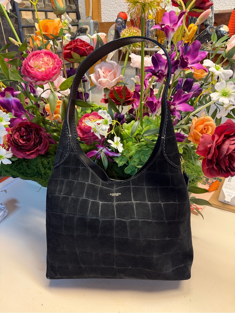 COACH Brooklyn 28 Black Croc-Embossed Suede Shoulder Bag with Gold Logo